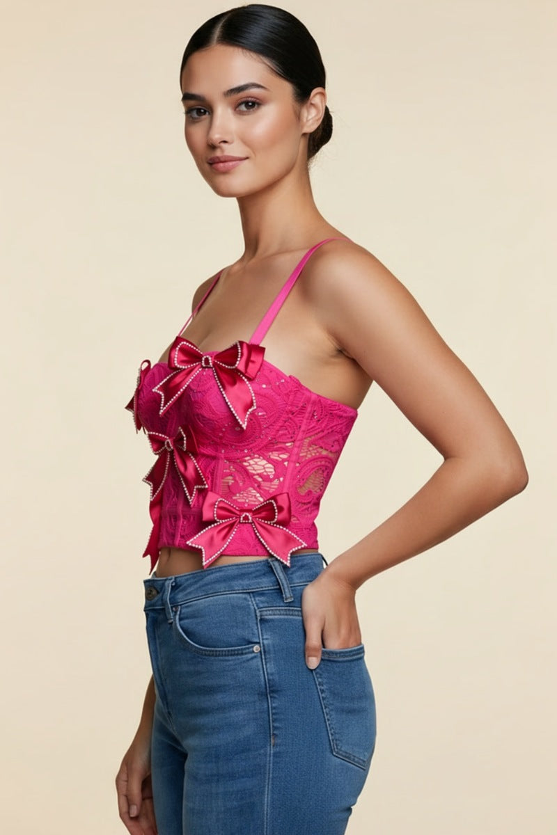 RHINESTONE EMBELLISHED BOW TRIMS BUSTIER CROP TOP