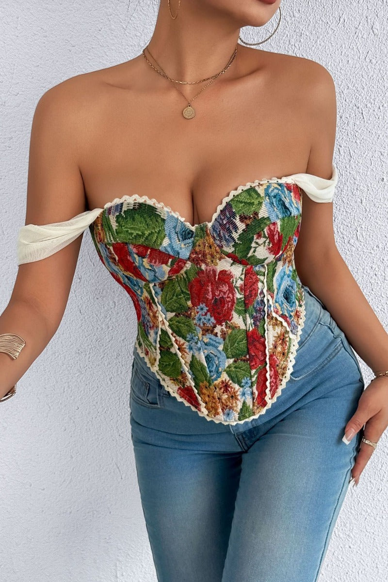 Off Shoulder Floral Jacquard Corset Top