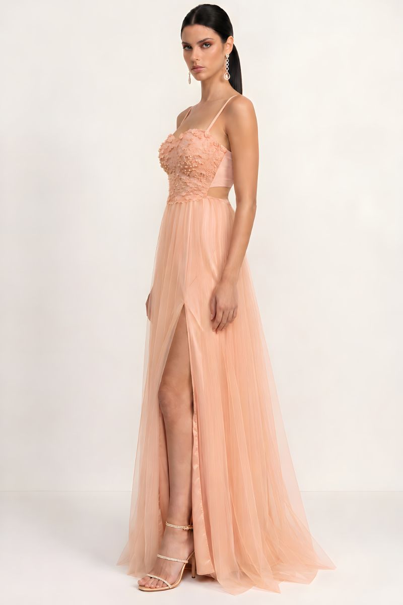FLOWER BEADING BUSTIER LAYERED TULLE MAXI DRESS