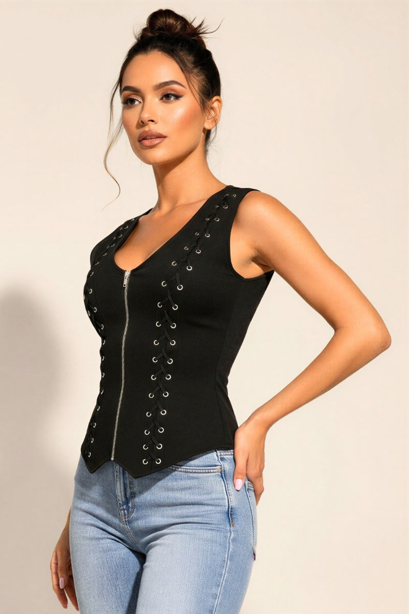 Lace-Up Zip Front Corset Tank with Open Back