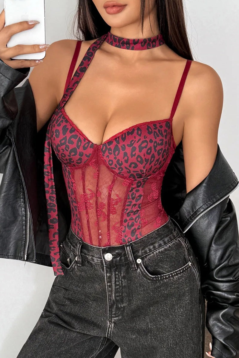 Leopard Print Lace Corset Teddy Bodysuit with Choker