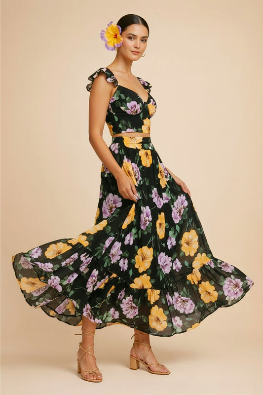 Floral Puff Sleeve Crop Top & Maxi Skirt Set