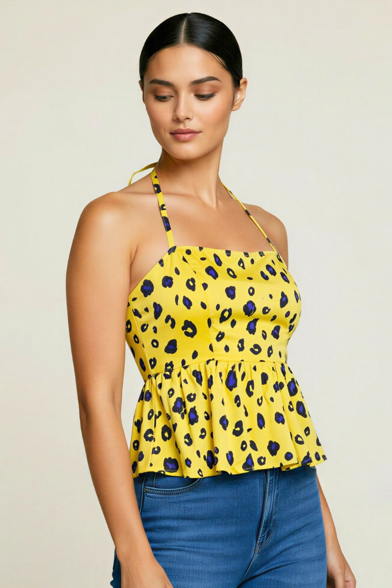 Yellow Leopard Peplum Halter
