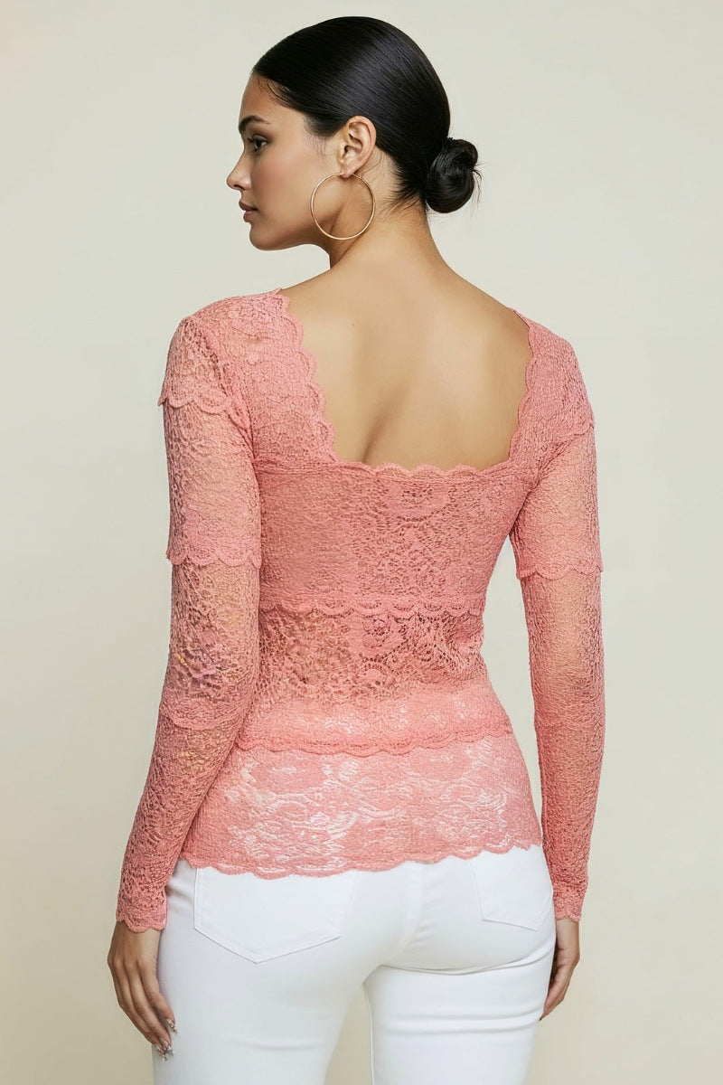 LONG SLEEVE V NECK LACE TOP