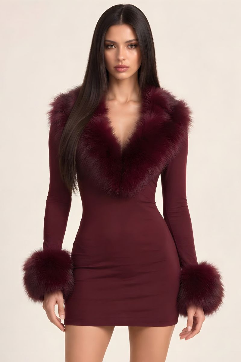Luxe Faux Fur Plunging V-Neck Mini Dress