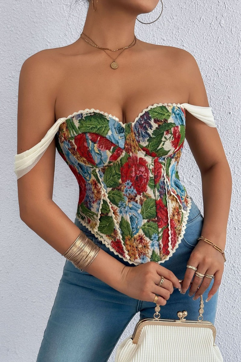 Off Shoulder Floral Jacquard Corset Top