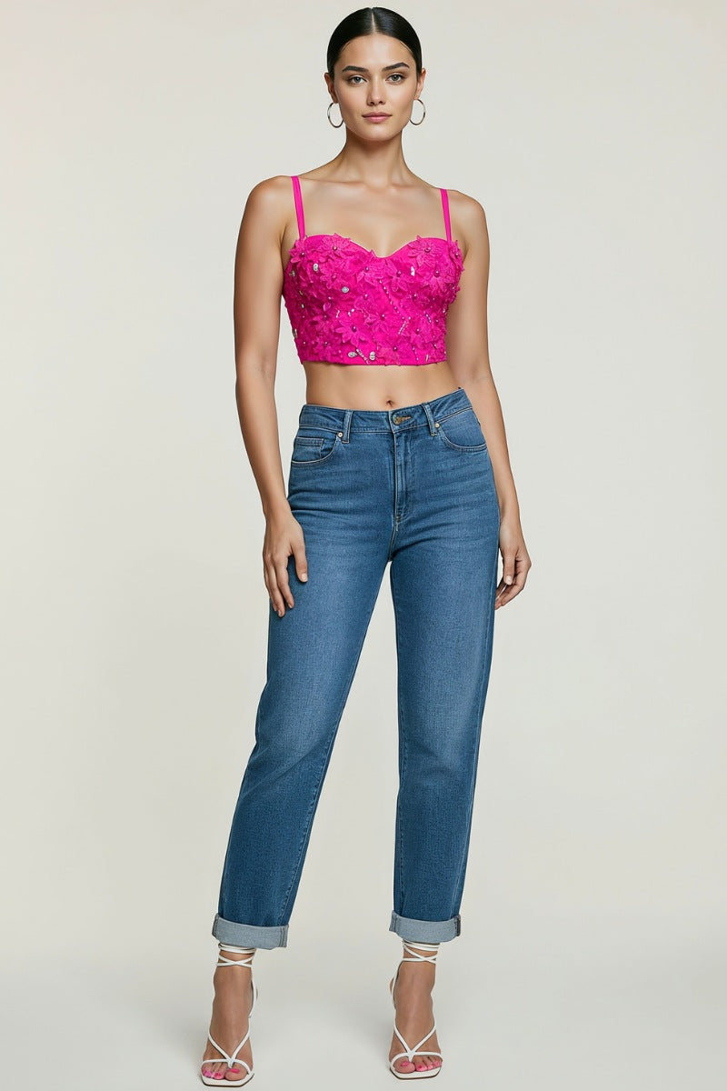 FLORAL LACE BEADING EMBELLISHED BUSTIER CROP TOP_ D7256