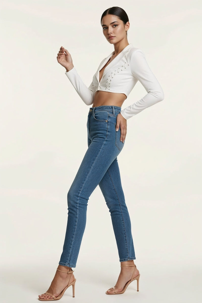 LACE UP DETAILS COLLARED LONG SLEEVE CROP JACKET