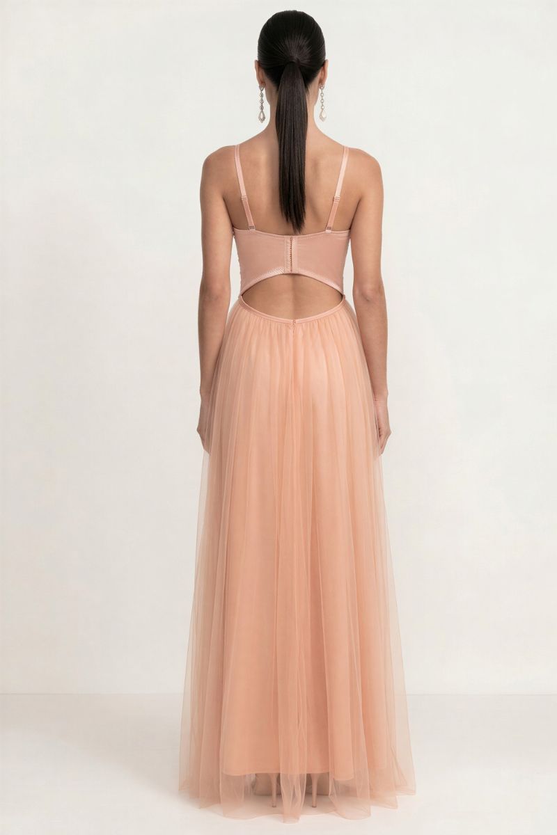 FLOWER BEADING BUSTIER LAYERED TULLE MAXI DRESS