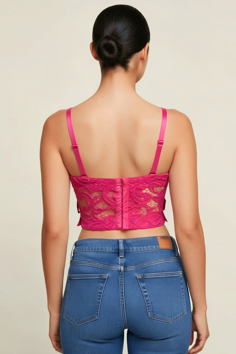 RHINESTONE EMBELLISHED BOW TRIMS BUSTIER CROP TOP