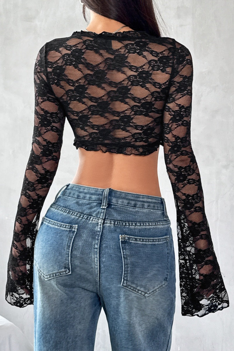 Sexy Lace Tie-Front Crop Top with Bell Sleeves