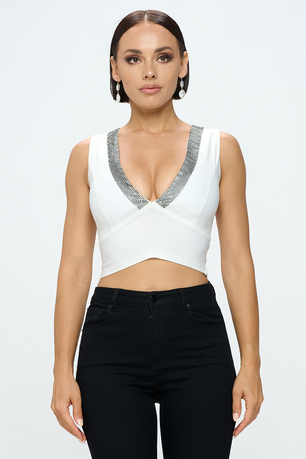 RHINESTONE NECK LINE EMBELLISHED CROP TOP