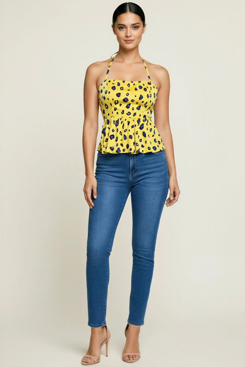 Yellow Leopard Peplum Halter