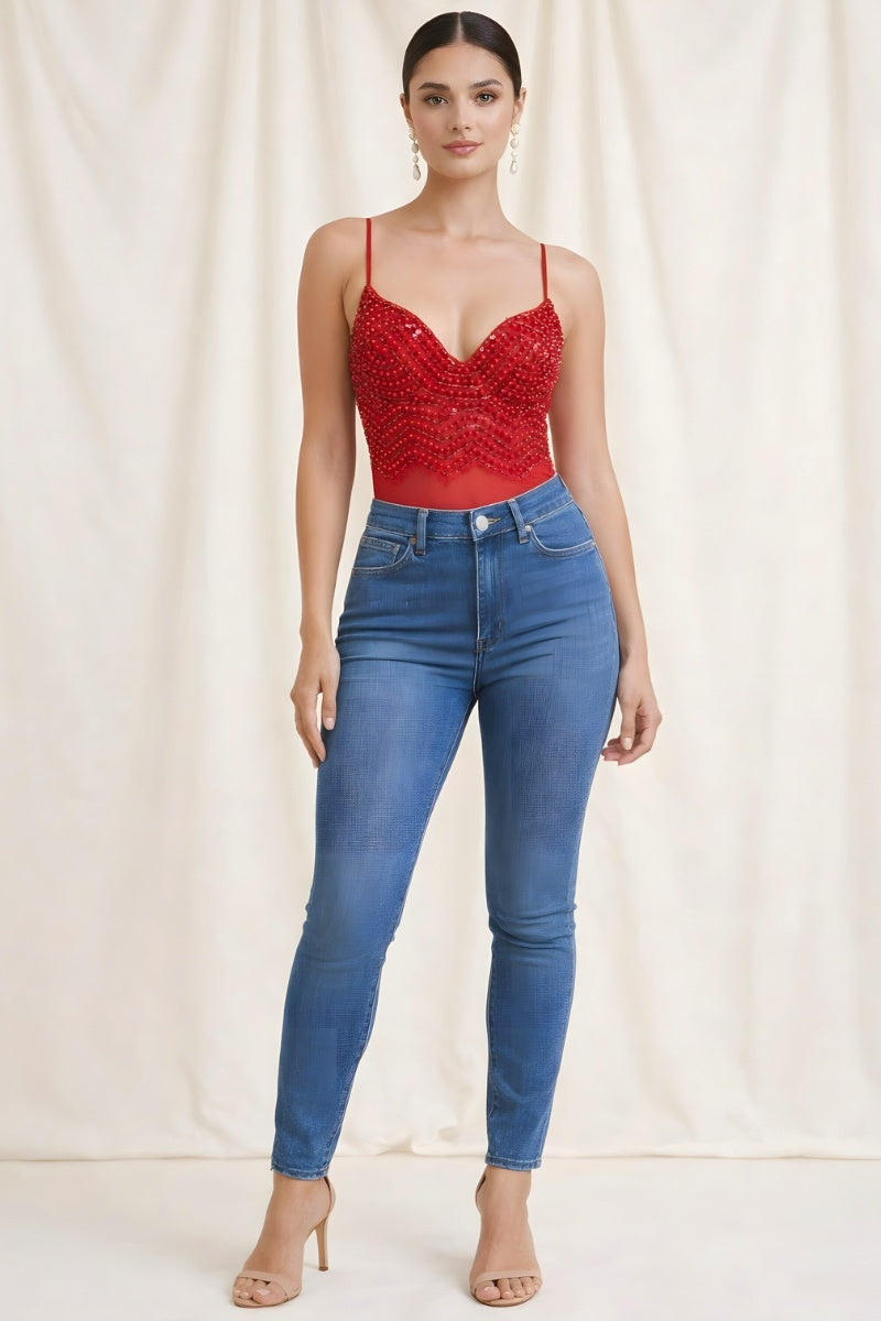 Luxury Beaded Pearl & Crystal Sheer Bodysuit_ DS4269A