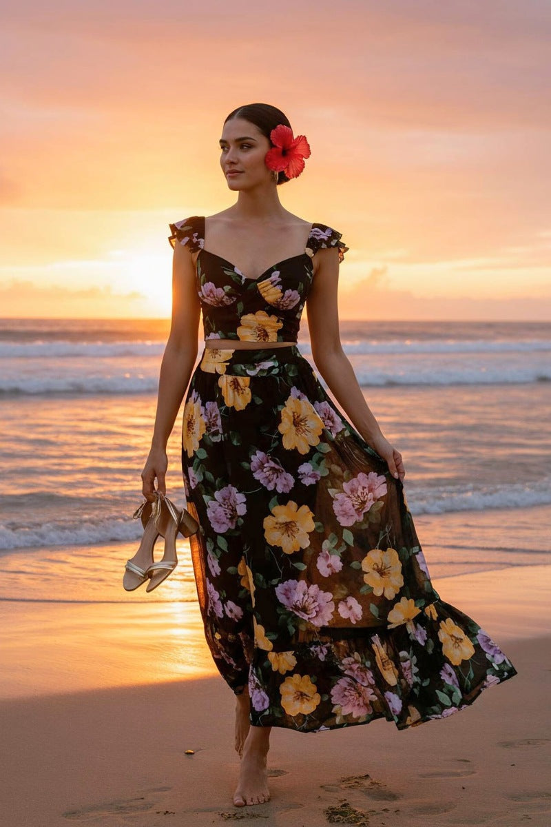 Floral Puff Sleeve Crop Top & Maxi Skirt Set
