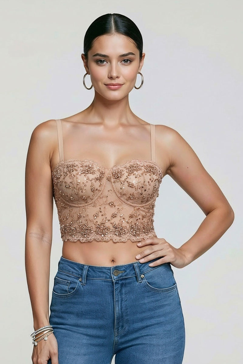 FLOWER BEADING SEQUIN MESH BUSTIER TOP