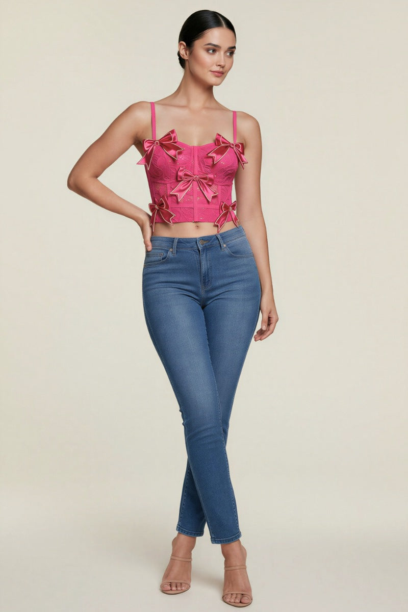 RHINESTONE EMBELLISHED BOW TRIMS BUSTIER CROP TOP
