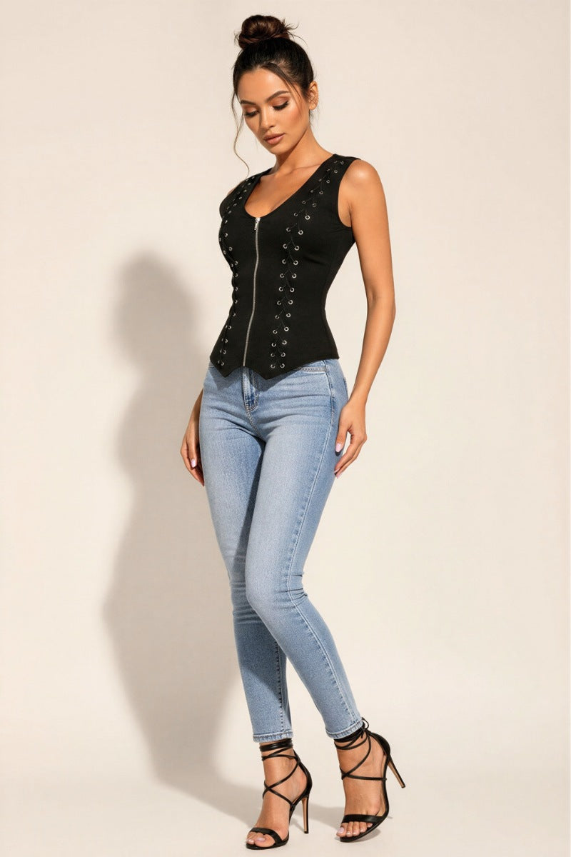 Lace-Up Zip Front Corset Tank with Open Back