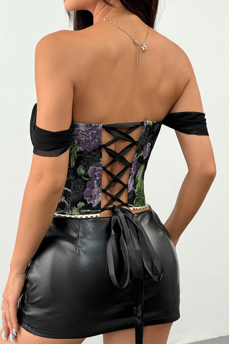 Off Shoulder Floral Jacquard Corset Top