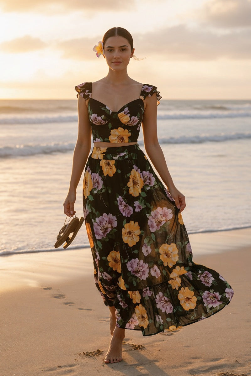 Floral Puff Sleeve Crop Top & Maxi Skirt Set