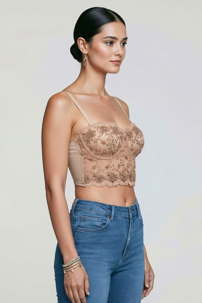 FLOWER BEADING SEQUIN MESH BUSTIER TOP