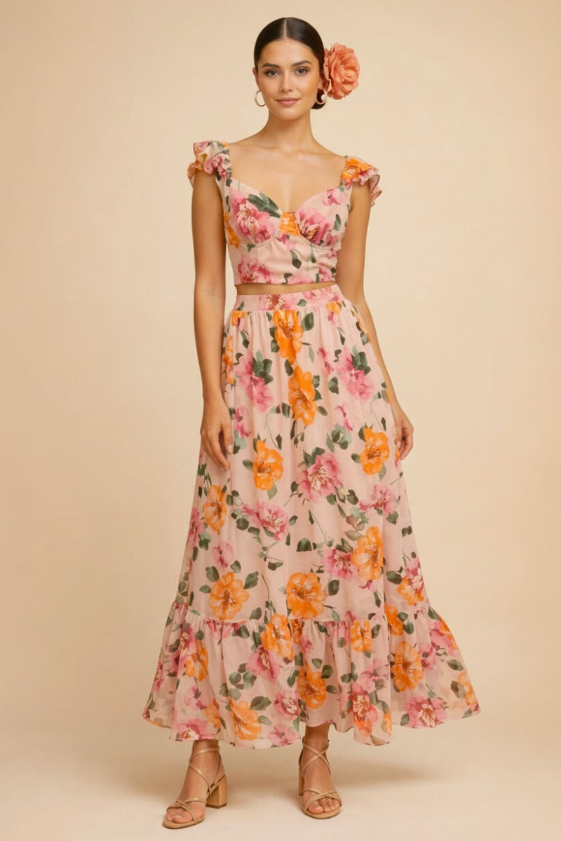 Floral Puff Sleeve Crop Top & Maxi Skirt Set