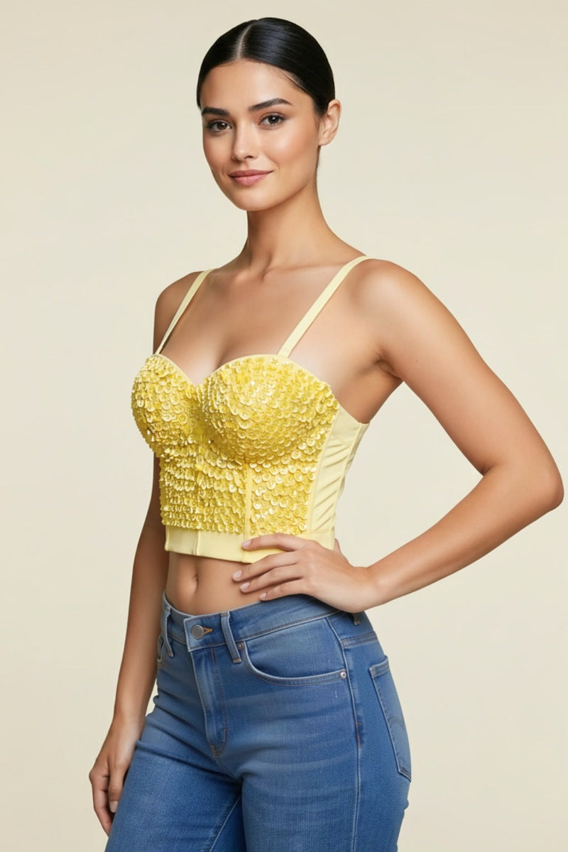 IRIDESCENT GREEN BLACK MERMAID SEQUIN BUSTIER CROP TOP_ D7122