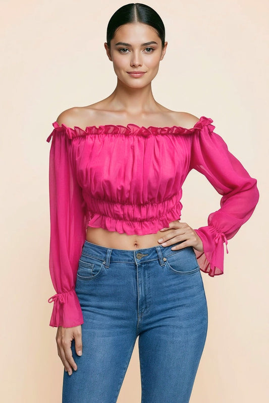 OFF SHOULDER RUFFLE TRIM KNOT SLEEVE CROP TOP