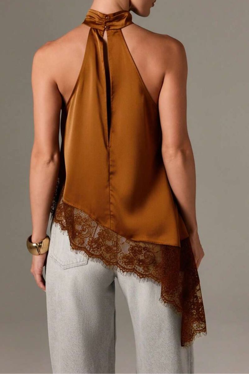 Satin Lace Trim Asymmetrical Top