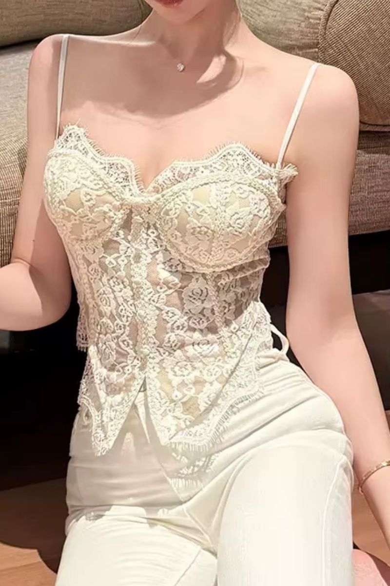 Floral Lace Smocked Back Corset Top