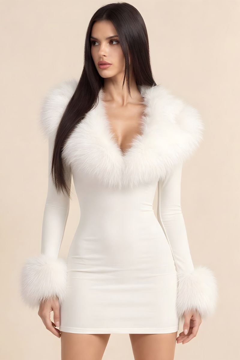 Luxe Faux Fur Plunging V-Neck Mini Dress