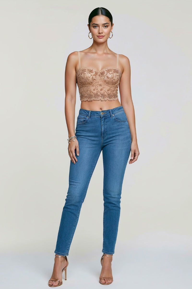FLOWER BEADING SEQUIN MESH BUSTIER TOP