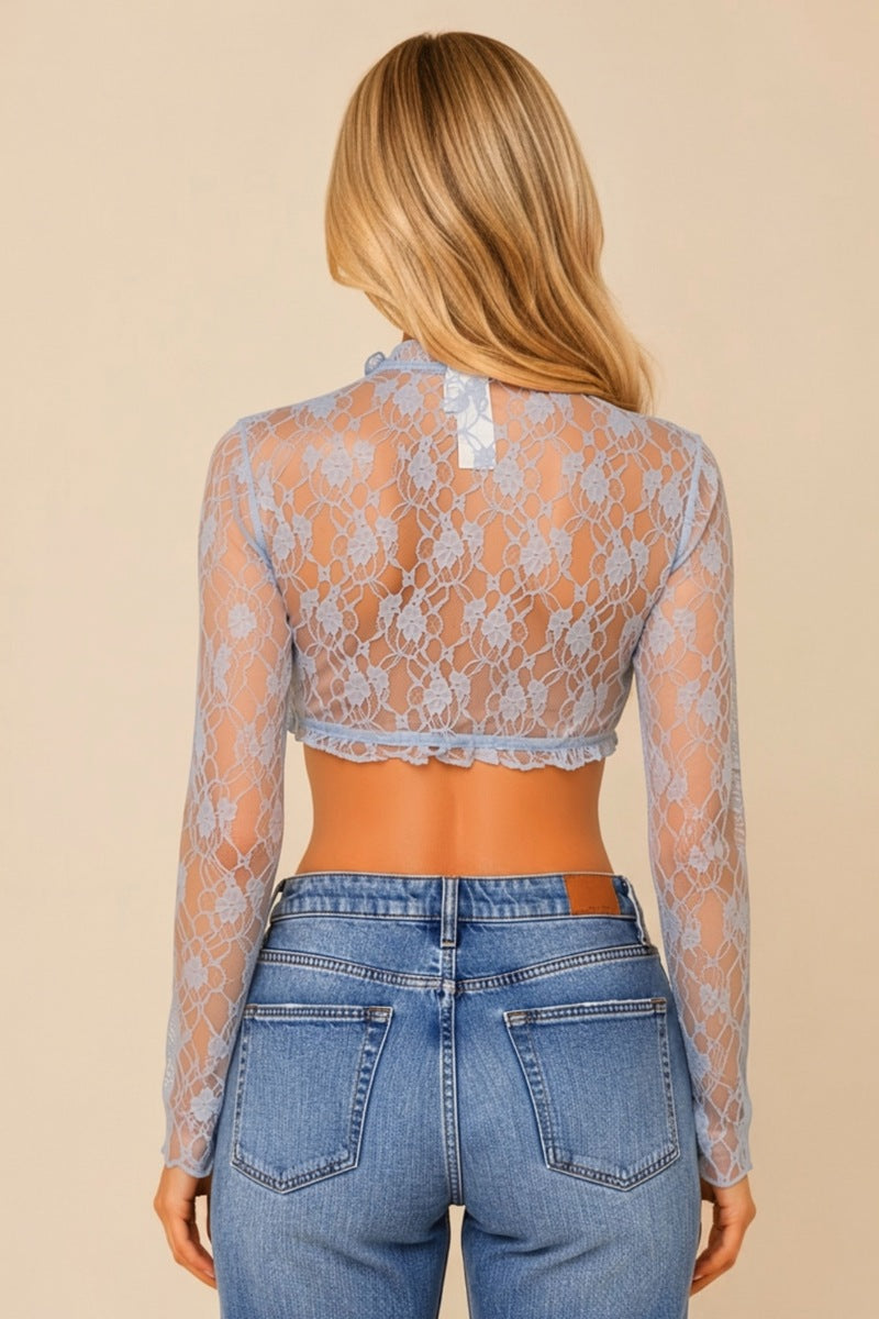 Sexy Lace Tie-Front Crop Top with Bell Sleeves