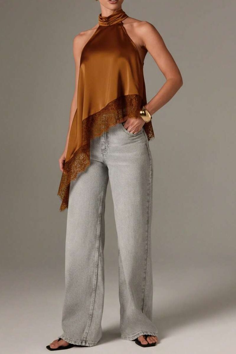 Satin Lace Trim Asymmetrical Top