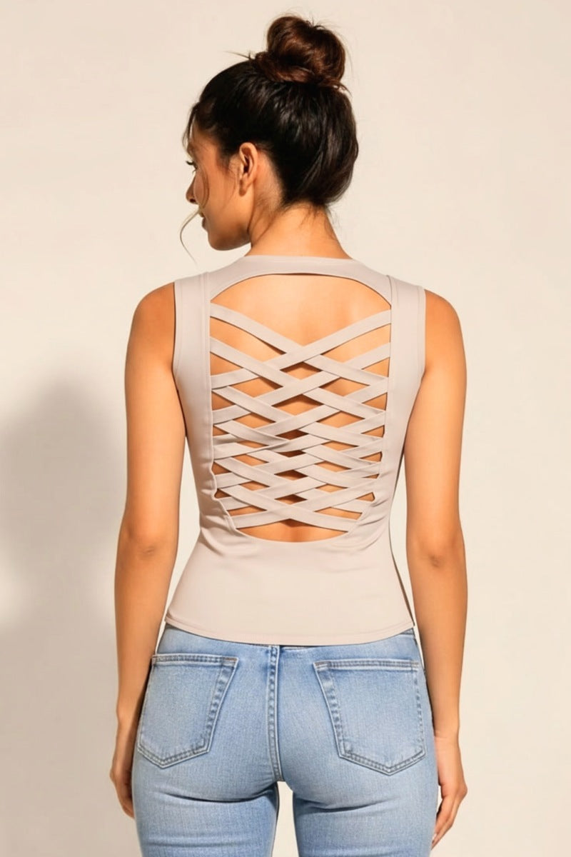 Lace-Up Zip Front Corset Tank with Open Back