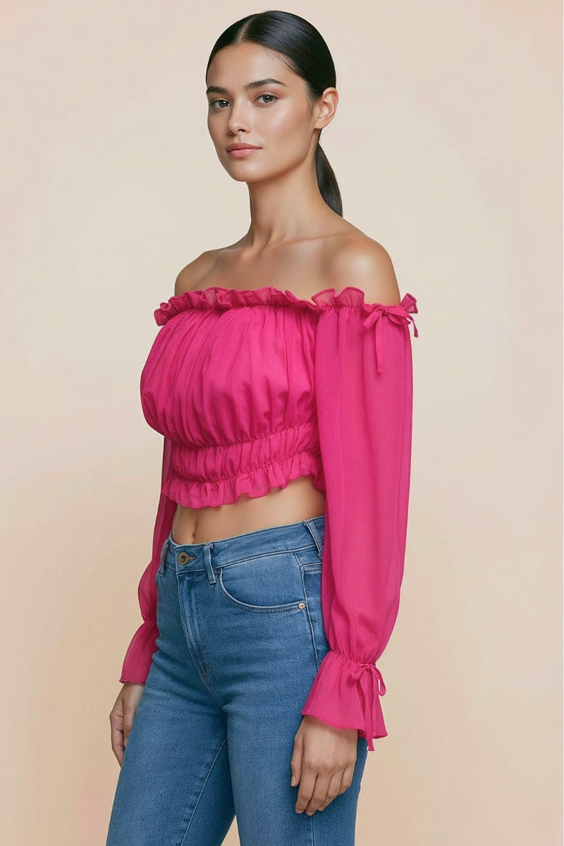 OFF SHOULDER RUFFLE TRIM KNOT SLEEVE CROP TOP