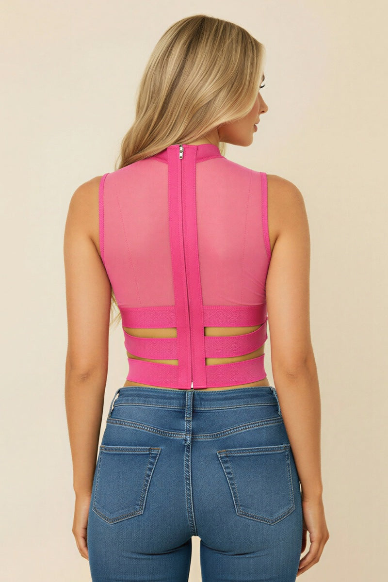 MESH SEXY PLAIN CROSS BANDAGE CROP TOP_ D6850