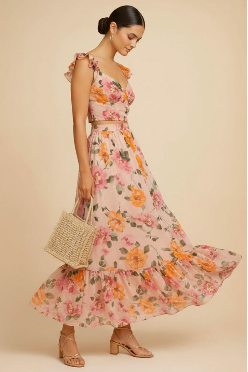 Floral Puff Sleeve Crop Top & Maxi Skirt Set