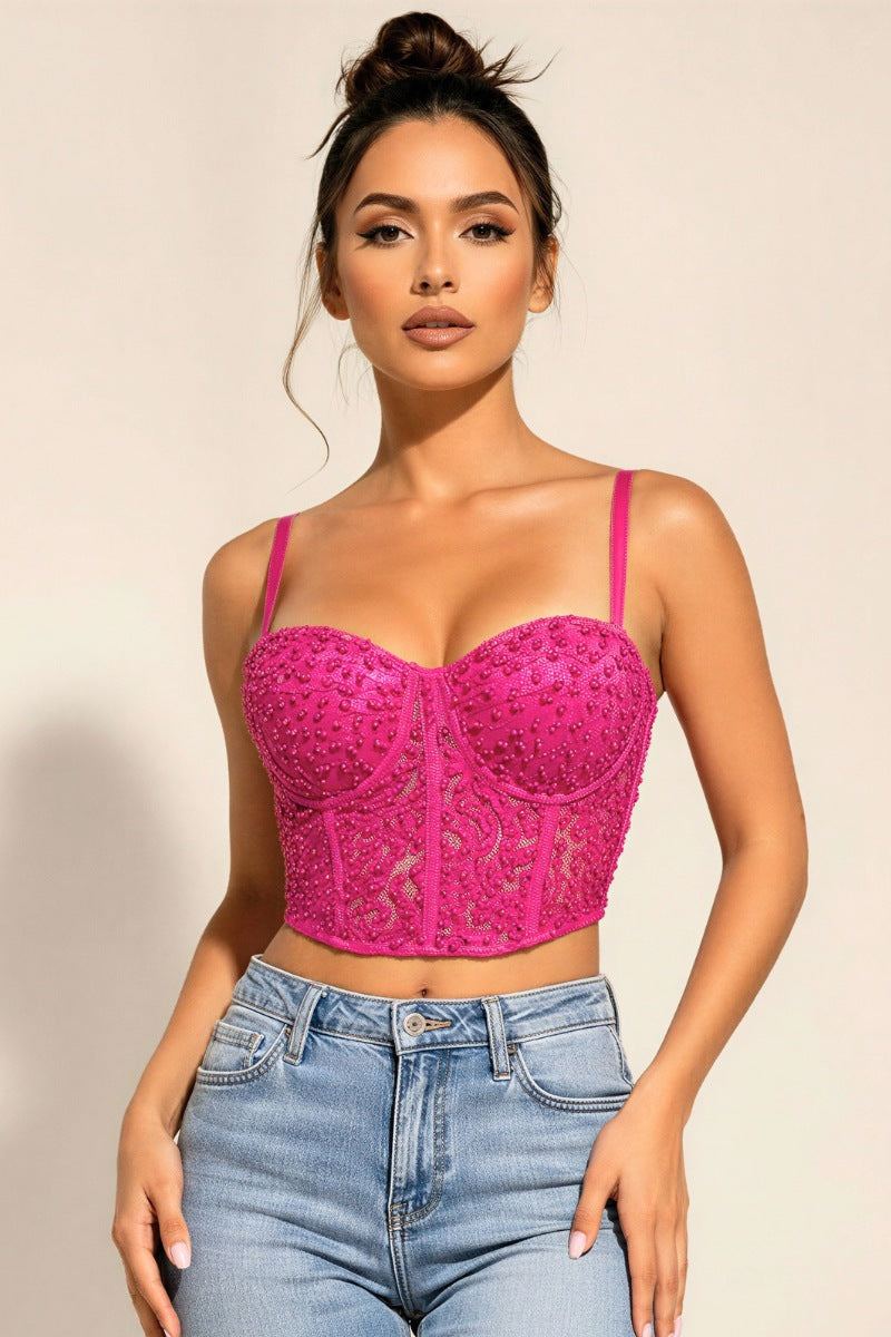 Elegant Lace and Pearl Bustier Sexy Top