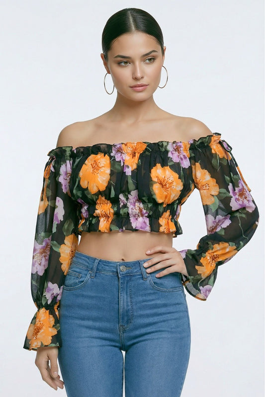 Floral Off Shoulder Ruffle Crop Top