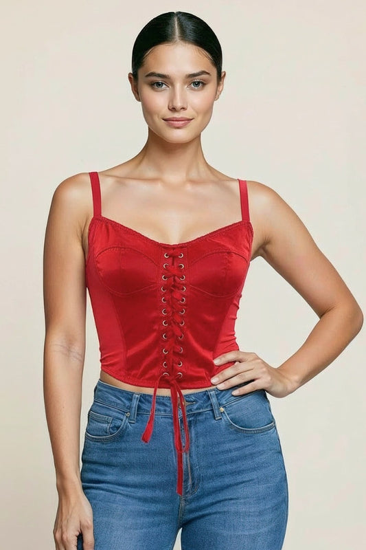 LACE UP FRONT DETAIL SATIN CORSET TOP