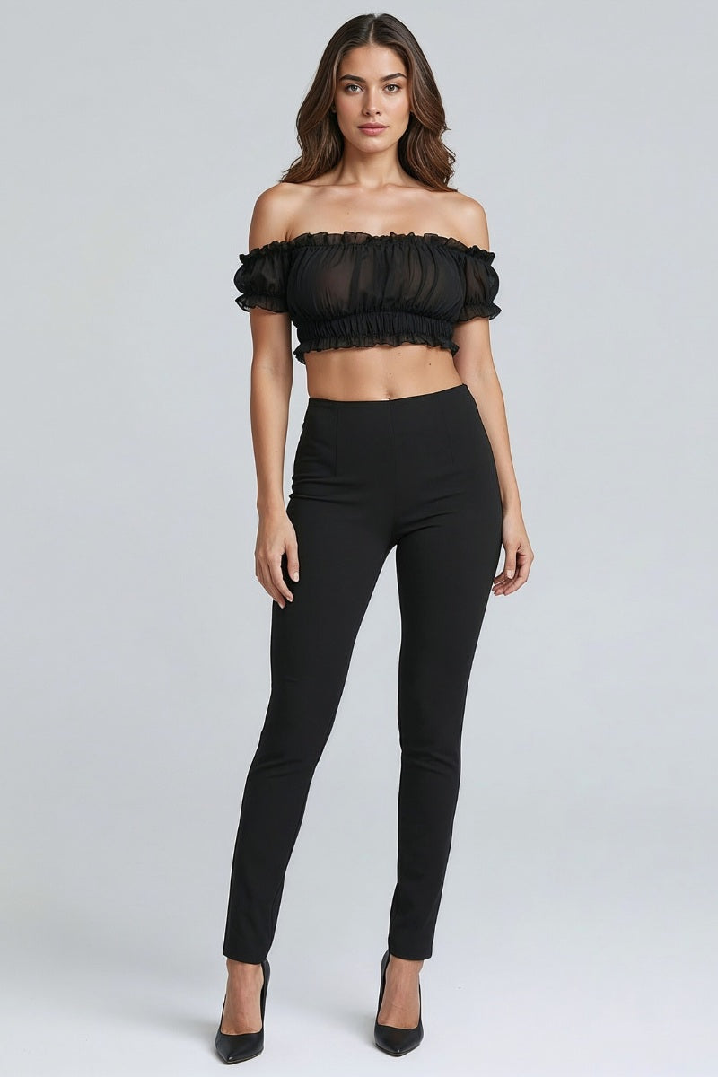 Sheer Ruffled Mesh Off-Shoulder Crop Top