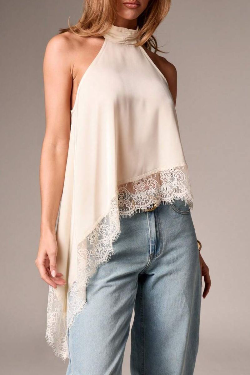 Satin Lace Trim Asymmetrical Top