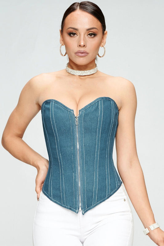 DENIM RIGID ZIP UP FRONT LACE UP CORSET