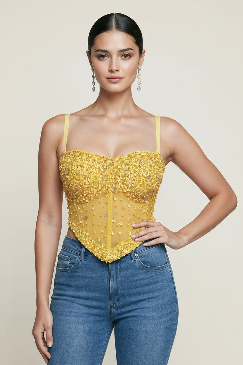 SEQUIN BEADED CRYSTAL STONE EMBELLISHED CORSET CROP TOP