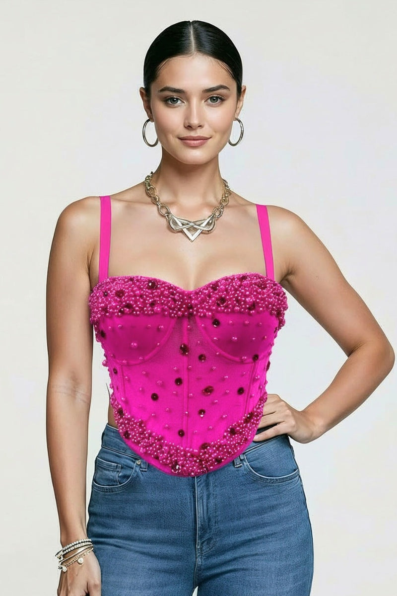 JEWEL BEAD EMBELLISHED MESH BONE CORSET CROP TOP