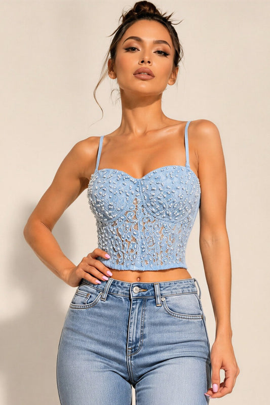 Elegant Lace and Pearl Bustier Sexy Top