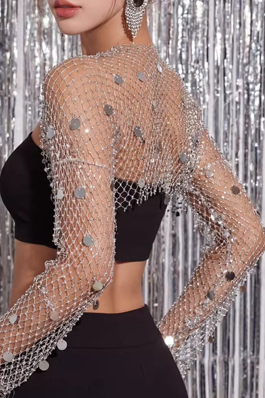 bolero fish net sequin Mimosa Womens Crochet Shrug or Plain Super Stretch Lace Fishnet Tie Waist Open Shrug Cardigan Fits UK 6-28 White/Silver Size Fashion this fishnet long sleeve bolero top is the perfect compliment to your rave or dance outfit JAKAWIN Women's Sheer Mesh Bolero