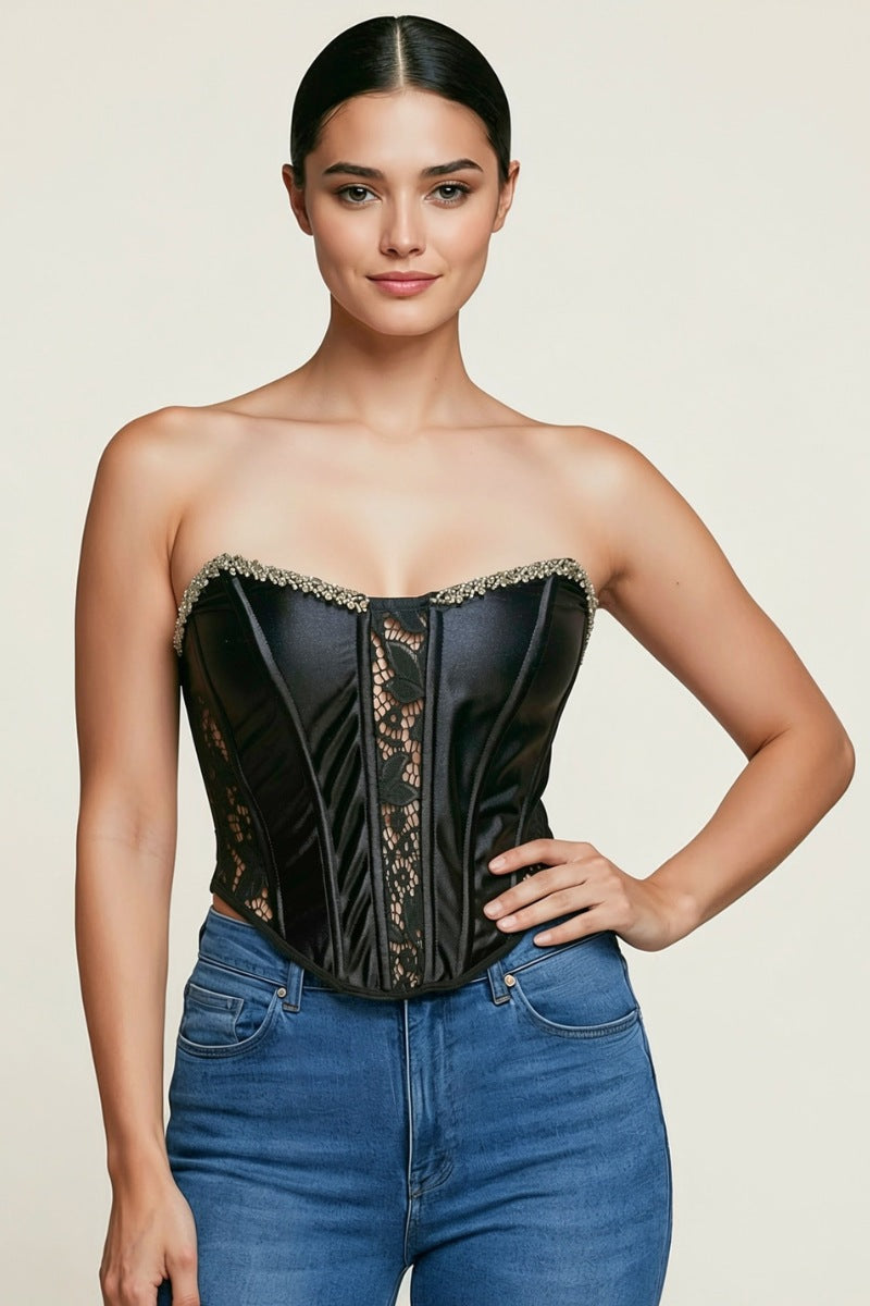 Luxury Satin Corset with Sparkling Trim & Lace
