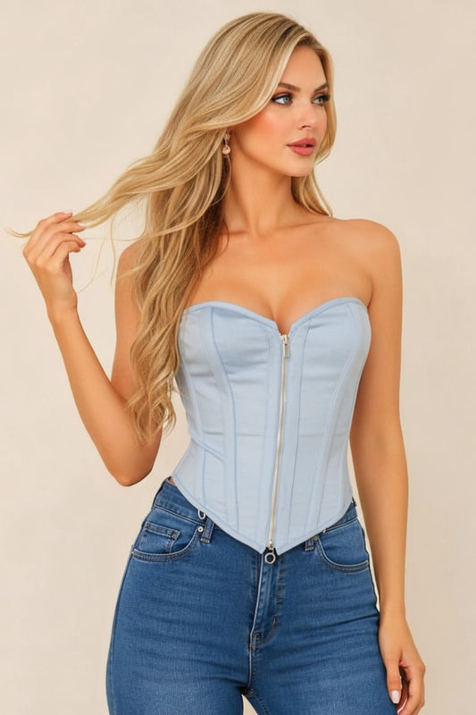DENIM RIGID ZIP UP FRONT LACE UP CORSET
